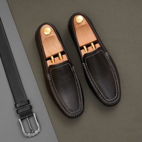 Giày Đi Làm Moccasin Da Nam Màu Đen Viền Chỉ Nổi GNTA2201-D
